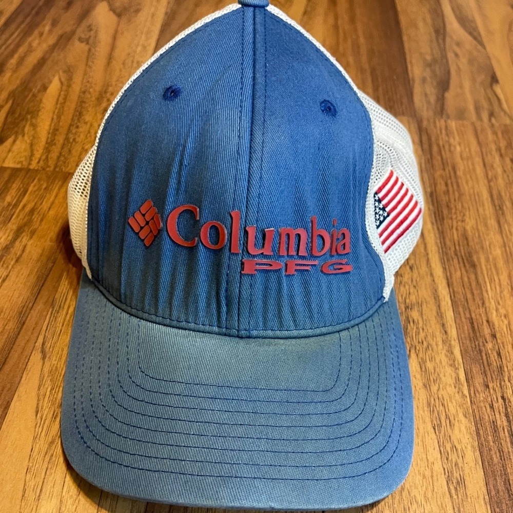 Columbia PFG Trucker Hat Mens OSFA Mesh Back Fishing Snapback Blue American Flag
